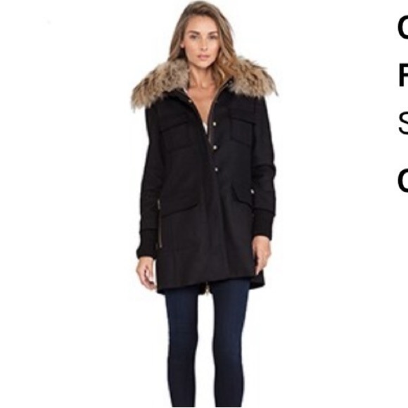 SAM Parka Womens size small Black Campus Jacket Wool Blend Hooded Fur Collar - Picture 3 of 15